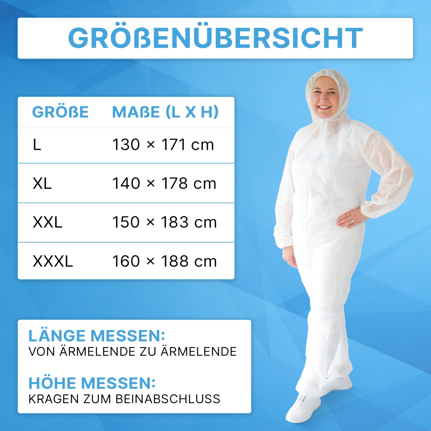 Right: a person is smiling in an ARNOMED COVER PP-OVERALL WHITE disposable overall with a hood made of PP fleece by ARNOWA GmbH. Left: a size chart for the protective suit (L-XXXL) with German measurement instructions. Blue geometric background.