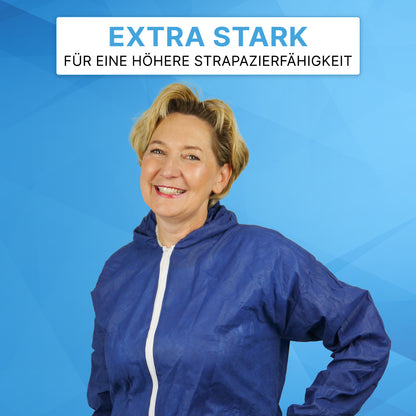 A woman in an ARNOMED COVER PP-OVERALL XTRA STRONG by ARNOWA GmbH smiles at the camera. Above her, in German, it says "EXTRA STRONG - For higher durability" on a blue, geometric background.