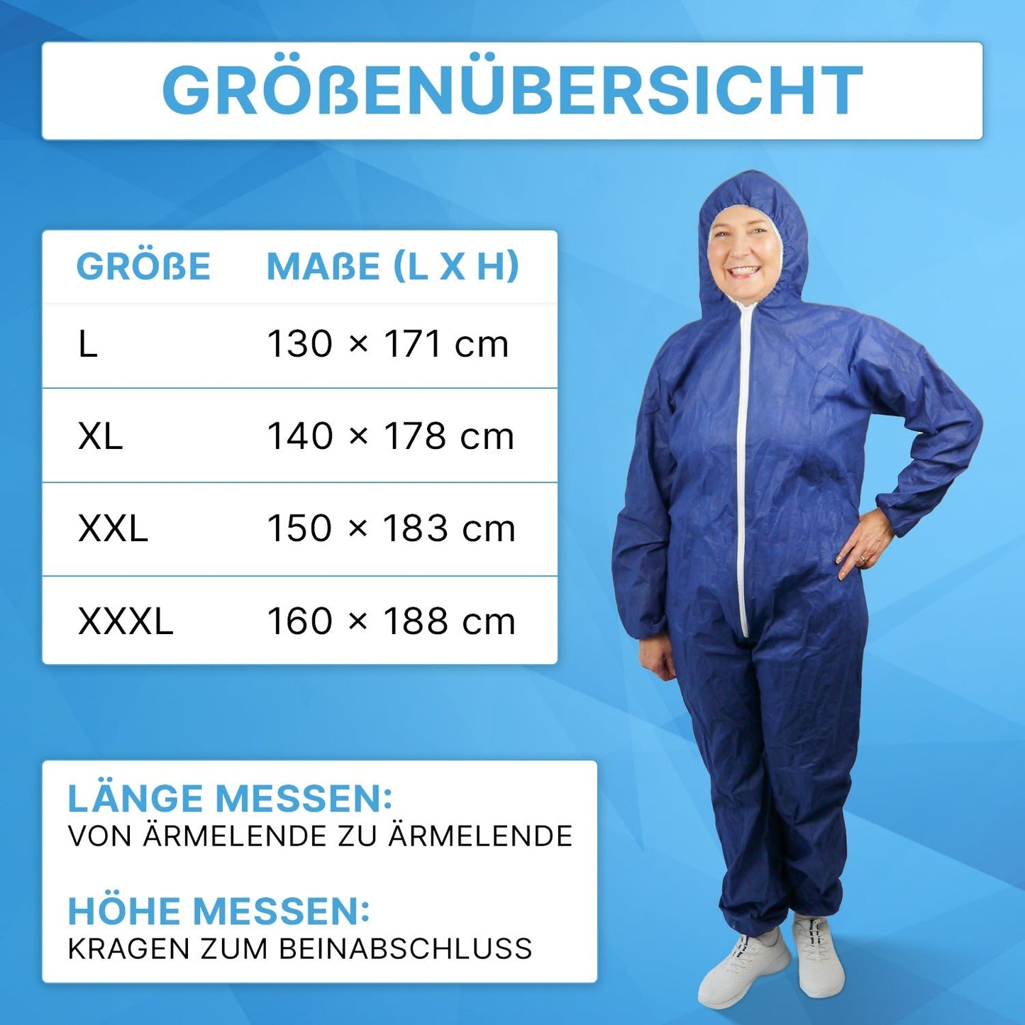 A person wearing the ARNOMED COVER PP-OVERALL XTRA STRONG in blue by ARNOWA GmbH smiles next to a table with sizes L-XXXL, below which measurement lengths and size information are displayed on a blue background.