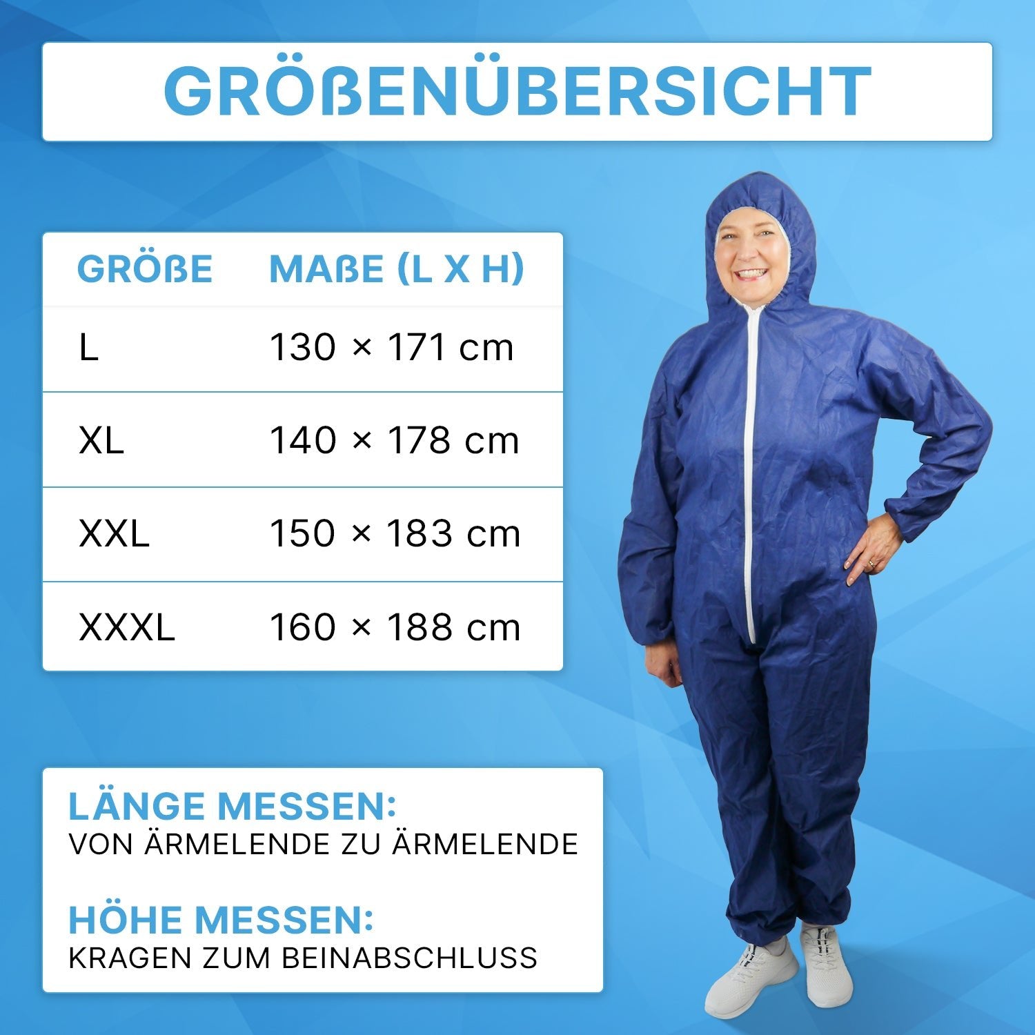 A person wearing the ARNOMED COVER PP-OVERALL XTRA STRONG in blue by ARNOWA GmbH smiles next to a table with sizes L-XXXL, below which measurement lengths and size information are displayed on a blue background.