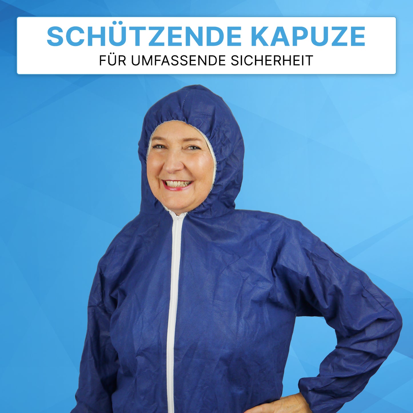 A woman is wearing the ARNOMED COVER PP-OVERALL XTRA STRONG by ARNOWA GmbH with a hood in blue against a blue background. Above her are the texts "Protective Hood" and "For comprehensive safety".