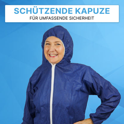 A woman is wearing the ARNOMED COVER PP-OVERALL XTRA STRONG by ARNOWA GmbH with a hood in blue against a blue background. Above her are the texts "Protective Hood" and "For comprehensive safety".