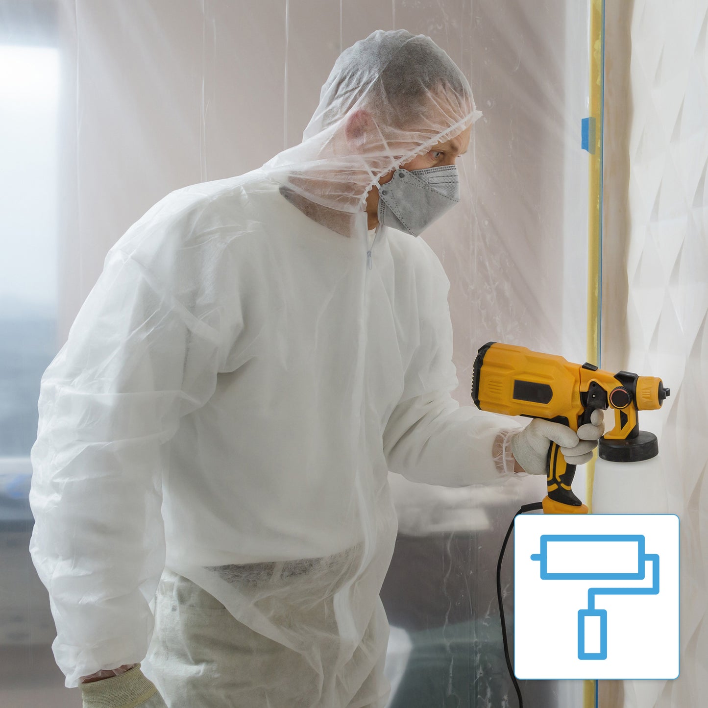 A person in an ARNOMED COVER PP-OVERALL XTRA STRONG from ARNOWA GmbH, with a hood, hairnet, and face mask, uses a yellow paint sprayer indoors near a wall. In the bottom right of the image, a paint roller symbol is visible.