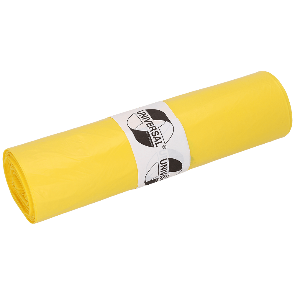 A roll of DEISS garbage bags 575x1000x0.018 mm made of HDPE 50 l from EMIL DEISS KG (GmbH + Co.), yellow bags with a white label and black "Universal" logo on a white background.