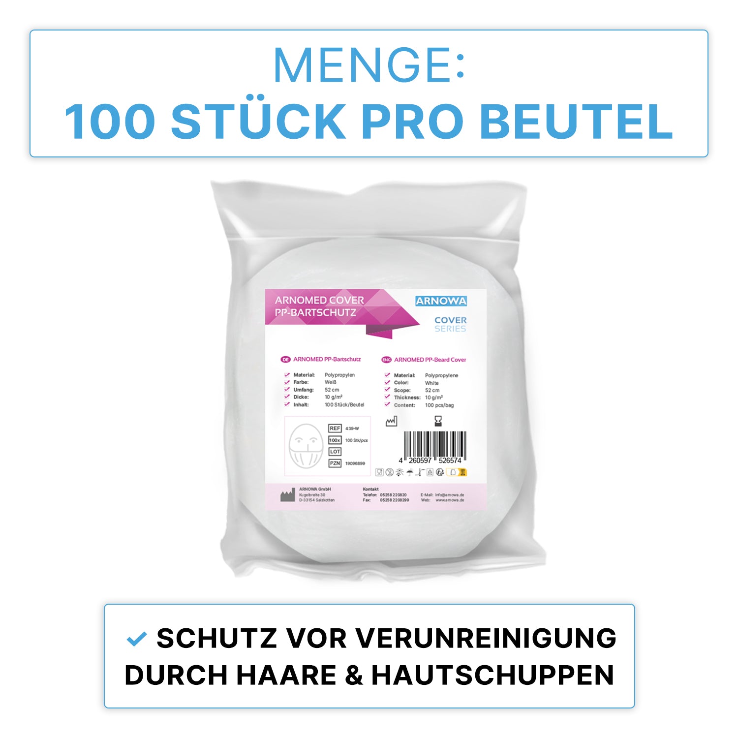 A sealed bag with the label "ARNOMED PP beard protector White, with elastic band, disposable | Bag (100 pieces)" from ARNOWA GmbH contains 100 white disposable beard covers to protect against contamination from hair and skin flakes.