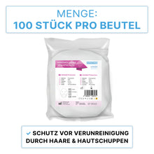 A sealed bag with the label "ARNOMED PP beard protector White, with elastic band, disposable | Bag (100 pieces)" from ARNOWA GmbH contains 100 white disposable beard covers to protect against contamination from hair and skin flakes.