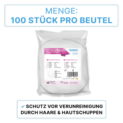 A sealed bag with the label "ARNOMED PP beard protector White, with elastic band, disposable | Bag (100 pieces)" from ARNOWA GmbH contains 100 white disposable beard covers to protect against contamination from hair and skin flakes.