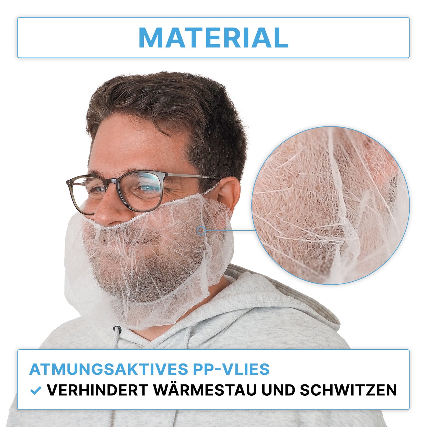 A man with glasses and a gray hoodie is wearing the ARNOMED PP beard protector White from ARNOWA GmbH, a thin, white disposable beard protector with an elastic band. A close-up shows the fabric on the skin. The German text indicates hygienic use in sensitive areas.