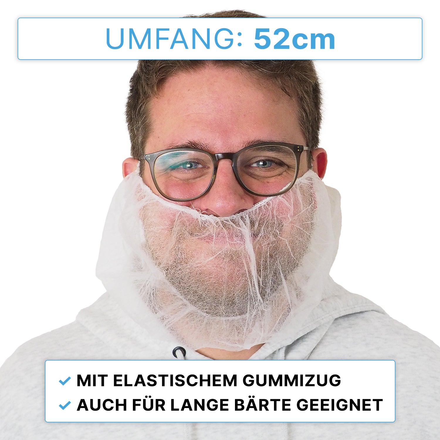 A bearded man with glasses is wearing the ARNOMED PP beard protector White from ARNOWA GmbH. Above him: "CIRCUMFERENCE: 52cm". Below it says: "With elastic band" and "Also suitable for long beards", each with blue check marks.