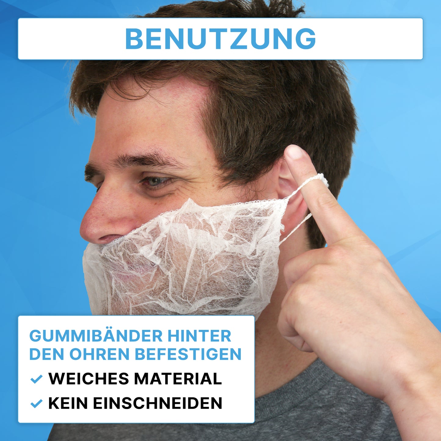 A man shows how he puts on the ARNOMED PP beard protector White, disposable (100 pieces) from ARNOWA GmbH with elastic bands behind the ears. The German text refers to the soft material and that it does not cut into the skin.