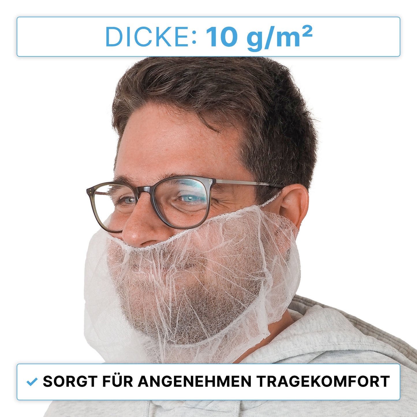A man with glasses is wearing an ARNOMED PP beard protector White (ARNOWA GmbH), 10 g/m², over his mouth and chin. The hypoallergenic disposable beard protector with elastic band ensures comfort. Text: "THICKNESS: 10 g/m²", "Ensures comfortable wear.