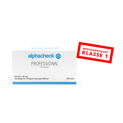 A white box labeled "Alphacheck Professional Alcohol Swabs 3 x 6 cm | Pack (100 pieces)" by Berger Med GmbH contains 100 alcohol swabs (70% isopropyl alcohol, 60mm x 30mm) for disinfection. Red side label: "MEDICAL PRODUCT CLASS 1.