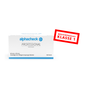 A white box labeled "Alphacheck Professional Alcohol Swabs 3 x 6 cm | Pack (100 pieces)" by Berger Med GmbH contains 100 alcohol swabs (70% isopropyl alcohol, 60mm x 30mm) for disinfection. Red side label: "MEDICAL PRODUCT CLASS 1.