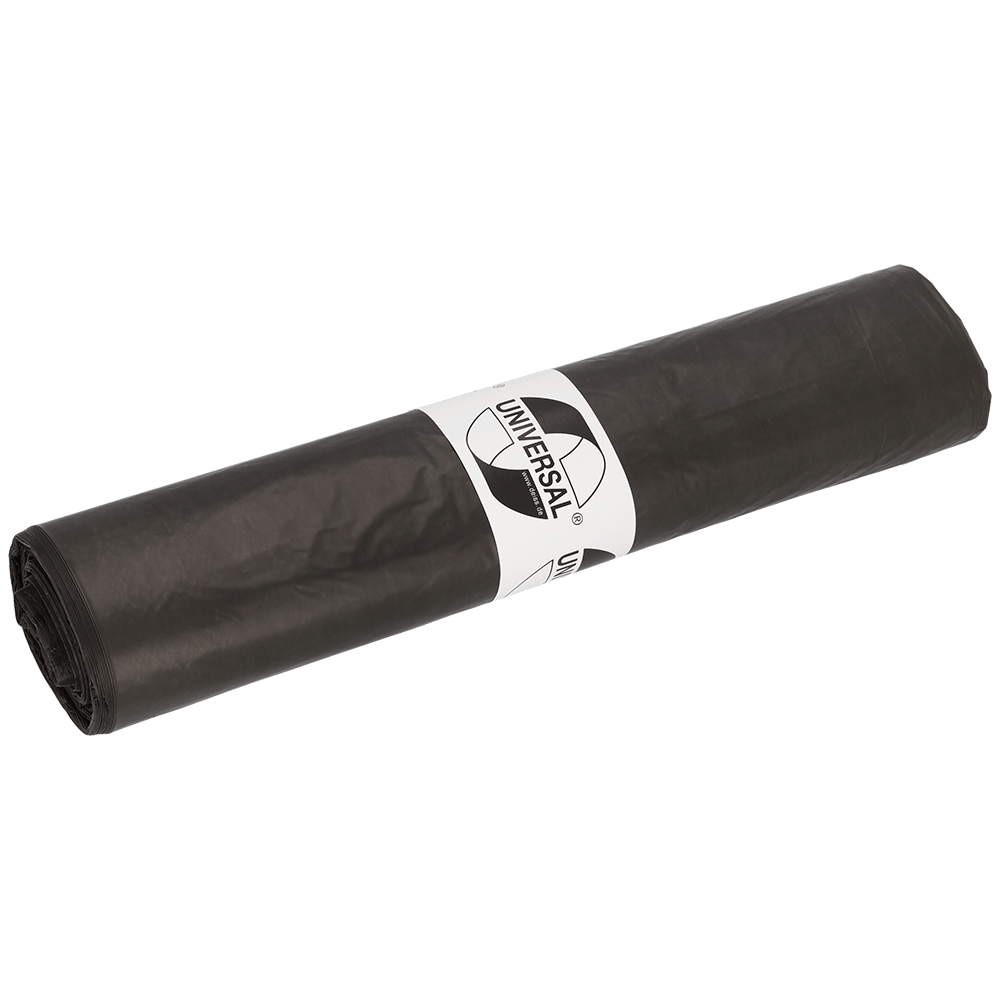 Rolled-up gray DEISS 44008 garbage bags (650x650x0.02 mm, 50 pieces/roll) from EMIL DEISS KG, with a durable roll and a white "UNIVERSAL" label with a recycling symbol in the center.