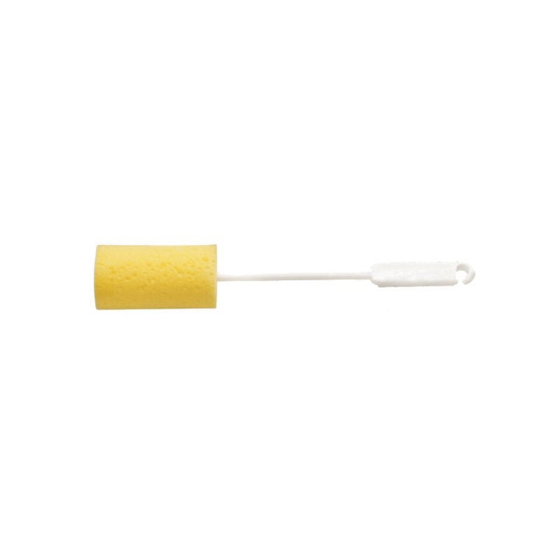 A THERMOS FLASK BRUSH from Haug Bürsten KG with a yellow special foam cylinder head (350 x ø 60mm) on a white plastic handle, depicted on a white background.