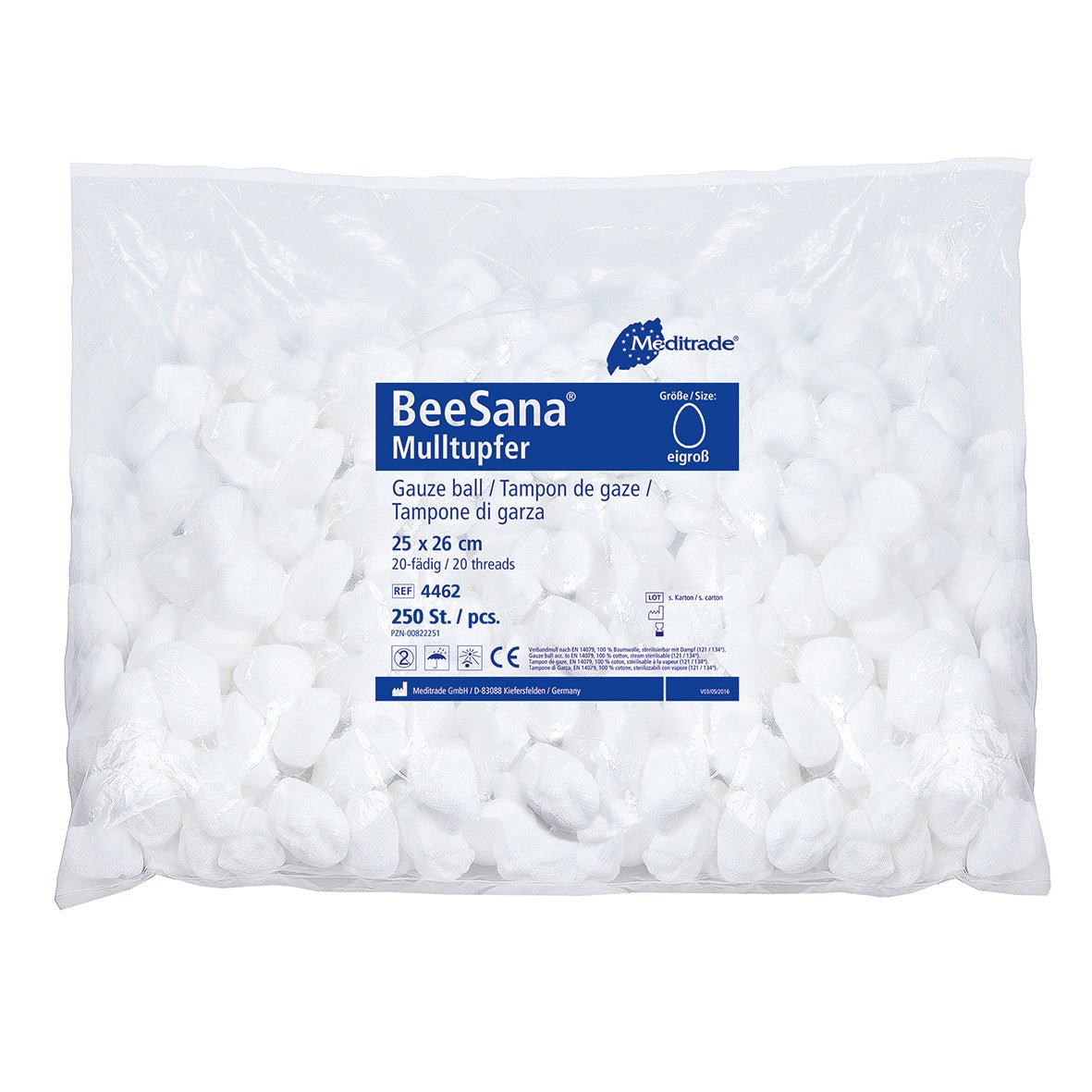 BeeSana® gauze swab, without RöKo, non-sterile, 25 x 26 cm, round shape, egg-sized | Pack (250 pieces)