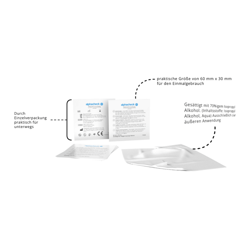 A single packaged Alphacheck Professional Alcohol Swab 3 x 6 cm by Berger Med GmbH (pack, 100 pieces) is shown next to an opened package insert, highlighting the compact size, 70% isopropyl alcohol content, and disinfecting effect.