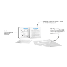 A single packaged Alphacheck Professional Alcohol Swab 3 x 6 cm by Berger Med GmbH (pack, 100 pieces) is shown next to an opened package insert, highlighting the compact size, 70% isopropyl alcohol content, and disinfecting effect.