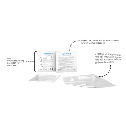 A single packaged Alphacheck Professional Alcohol Swab 3 x 6 cm by Berger Med GmbH (pack, 100 pieces) is shown next to an opened package insert, highlighting the compact size, 70% isopropyl alcohol content, and disinfecting effect.