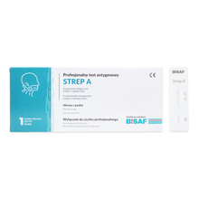 The Altruan Strep A - Bisaf Professional 1 Test | Package (1 piece) contains a Polish text, an illustration of the throat, and a test strip labeled "Strep A" with result markers for the rapid detection of streptococcal pharyngitis.