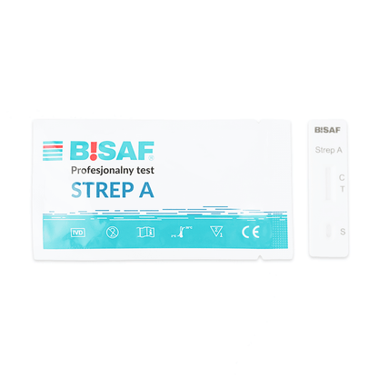 Pictured is a Strep A - Bisaf Professional 1 Test | Pack (1 piece) by Altruan, showing the foil test pack and the white cassette labeled "Strep A," which is used to detect Strep A antigens in streptococcal pharyngitis.