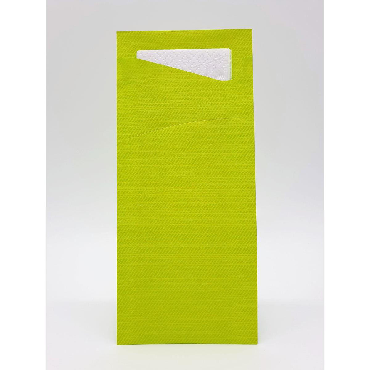 A lime green, rectangular Sacchetto Zelltuch 190 x 85 mm by Duni GmbH with a textured surface, partially open at the top to show tissues or napkins inside. The background is solid white. Ideal for disposable tissues 190 x 85 mm.