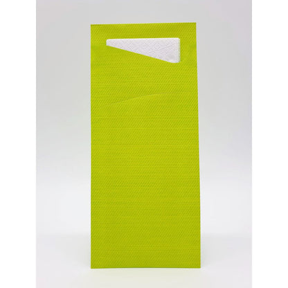 A lime green, rectangular Sacchetto Zelltuch 190 x 85 mm by Duni GmbH with a textured surface, partially open at the top to show tissues or napkins inside. The background is solid white. Ideal for disposable tissues 190 x 85 mm.