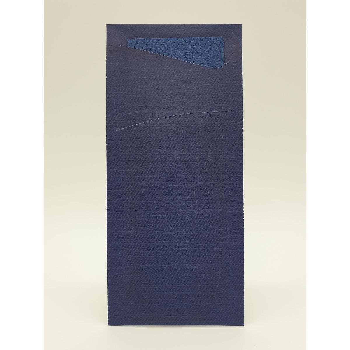 A tall, rectangular, dark blue envelope by Duni GmbH stands upright against a plain background. The partially open flap reveals a textured lining - ideal for holding Sacchetto Zelltuch 190 x 85 mm.