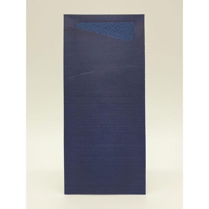A tall, rectangular, dark blue envelope by Duni GmbH stands upright against a plain background. The partially open flap reveals a textured lining - ideal for holding Sacchetto Zelltuch 190 x 85 mm.