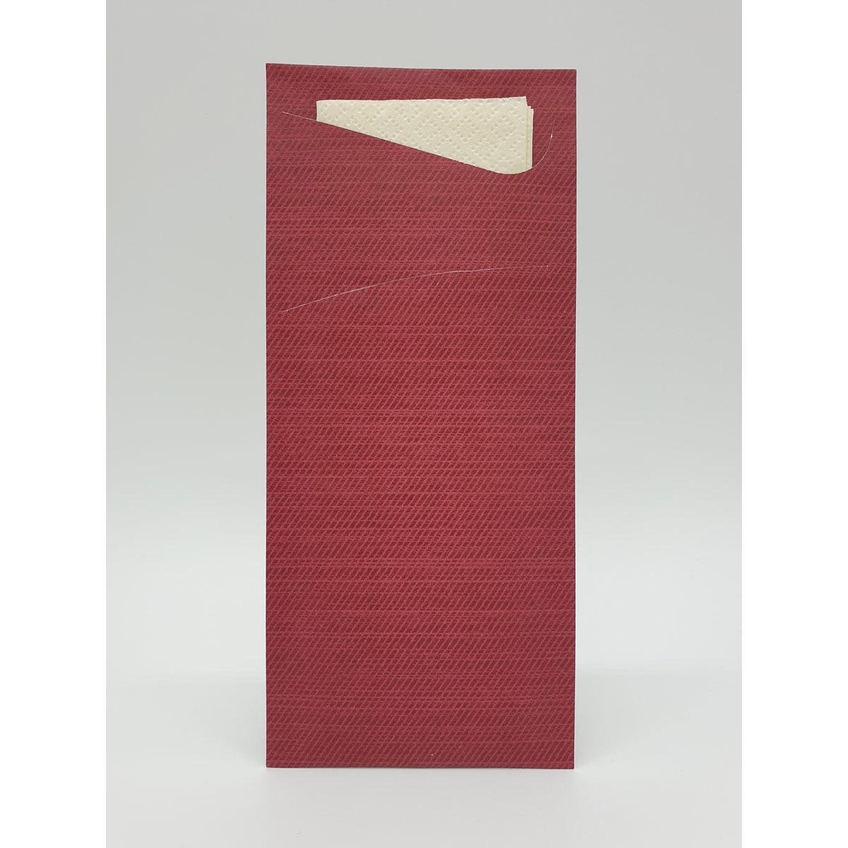 A red, textured envelope stands upright against a plain white background, from which a cream-colored paper - similar to the Sacchetto Zelltuch 190 x 85 mm by Duni GmbH - is partially visible peeking out.