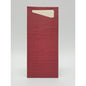 A red, textured envelope stands upright against a plain white background, from which a cream-colored paper - similar to the Sacchetto Zelltuch 190 x 85 mm by Duni GmbH - is partially visible peeking out.