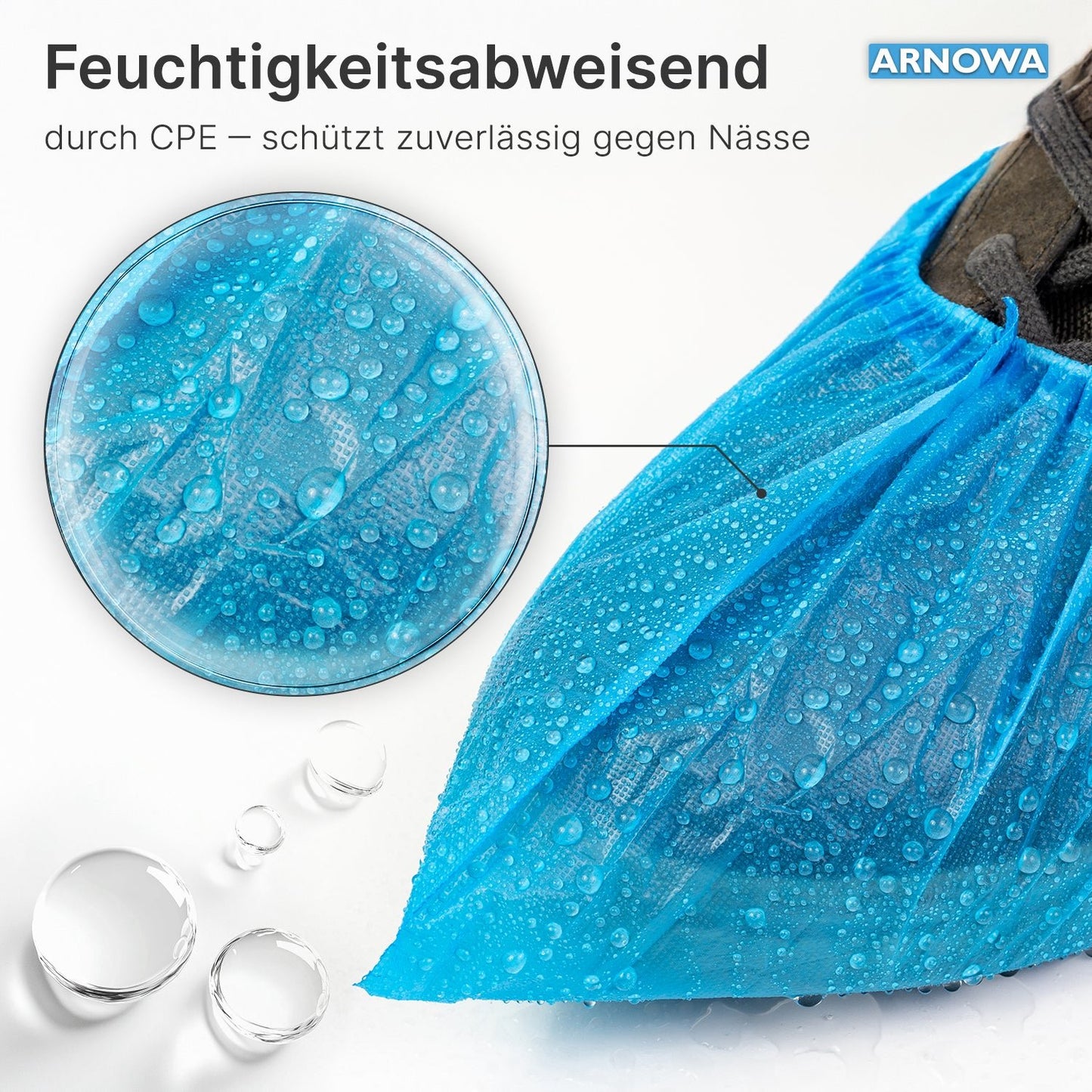 The ARNOMED CPE shoe covers from ARNOWA GmbH are waterproof, moisture-repellent, and reliably protect your shoes from wetness. Disposable, 100 pieces per bag.
