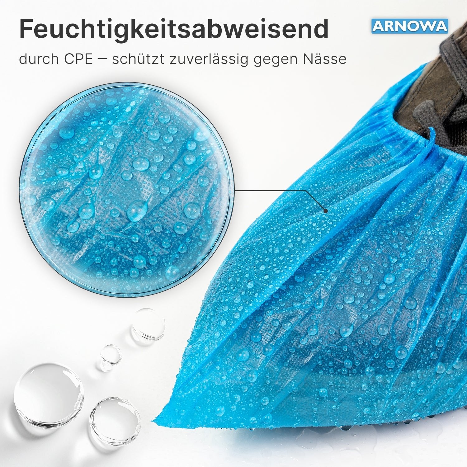 The ARNOMED CPE shoe covers from ARNOWA GmbH are waterproof, moisture-repellent, and reliably protect your shoes from wetness. Disposable, 100 pieces per bag.