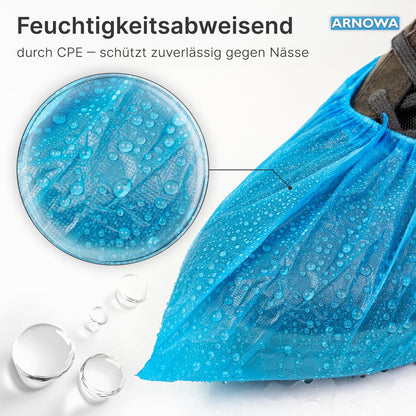 The ARNOMED CPE shoe covers from ARNOWA GmbH are waterproof, moisture-repellent, and reliably protect your shoes from wetness. Disposable, 100 pieces per bag.