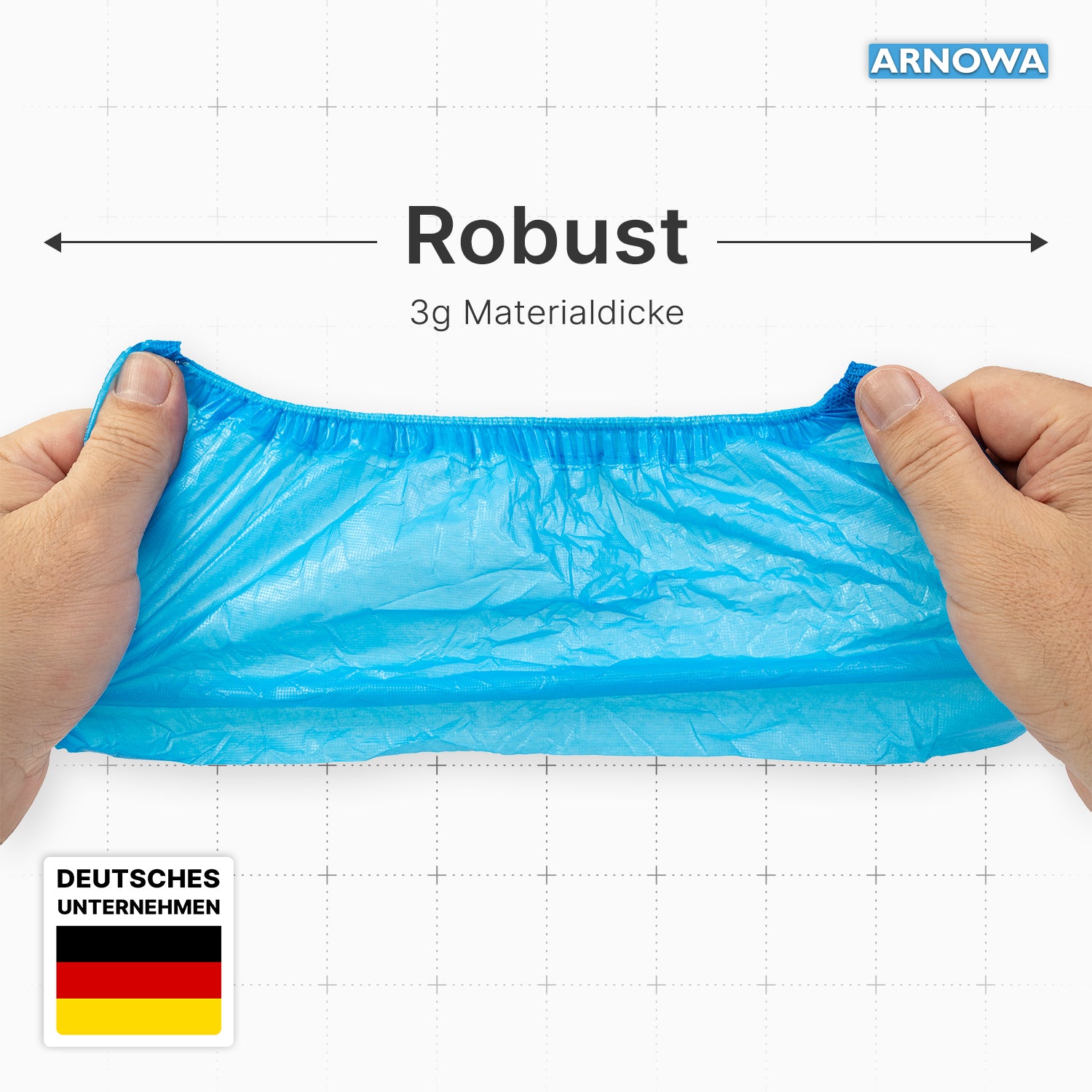 Two hands hold a blue ARNOMED CPE shoe cover up high, emphasizing the "Robust", "3g material thickness" quality. The text highlights ARNOWA GmbH and the German flag, showing that these waterproof disposable shoe covers are made for durability.