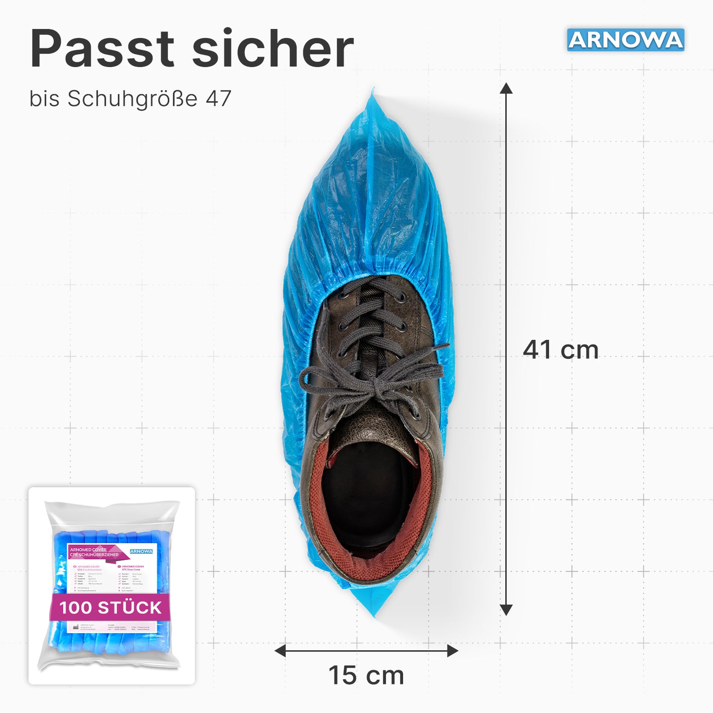 Pictured is a black shoe with a blue ARNOMED CPE shoe cover from ARNOWA GmbH (41 cm x 15 cm, fits up to size 47). The packaging is labeled "100 pieces" and points to the waterproof disposable overshoes.