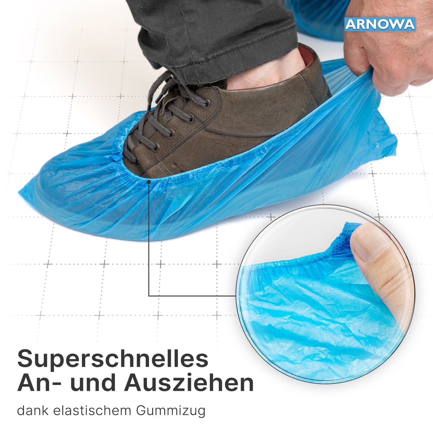 A person pulls a blue ARNOMED CPE shoe cover, waterproof and disposable (ARNOWA GmbH), over a brown shoe. A close-up shows fingers stretching the elastic opening. The German text and the ARNOWA logo are visible.
