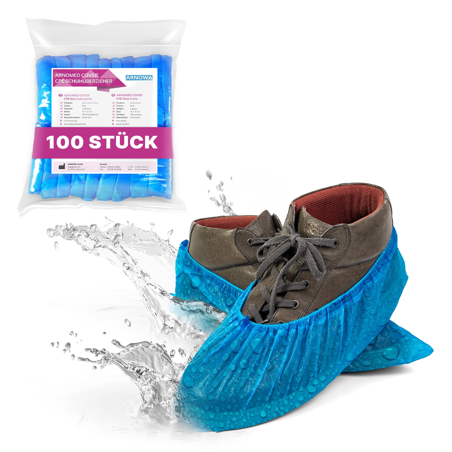 A pair of shoes with ARNOMED Xtra Strong CPE shoe covers from ARNOWA GmbH walks through water. In the background, a bag with 100 pieces of the waterproof disposable covers can be seen.