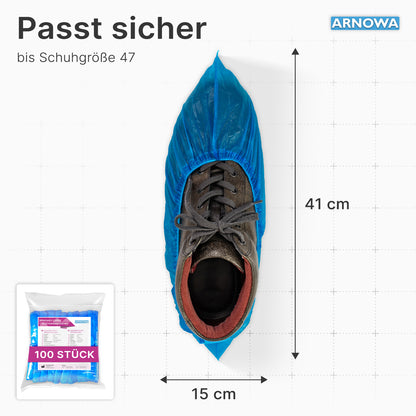 A blue ARNOMED Xtra Strong CPE shoe cover from ARNOWA GmbH is shown over a brown lace-up shoe. This waterproof disposable shoe cover (41 x 15 cm) fits up to size 47 and is delivered in a "100 pieces" bag.