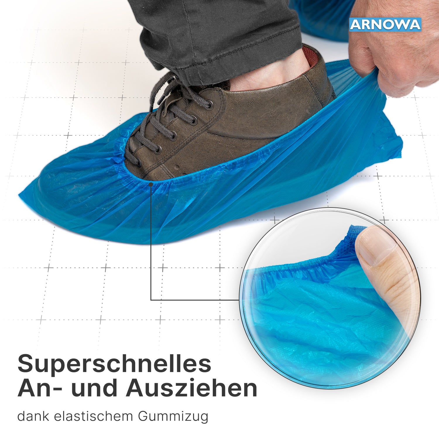 A person slips a blue ARNOMED Xtra Strong CPE shoe cover from ARNOWA GmbH over a brown shoe. The inset shows how the waterproof disposable cover is stretched at the elastic edge. Logo and German text visible.