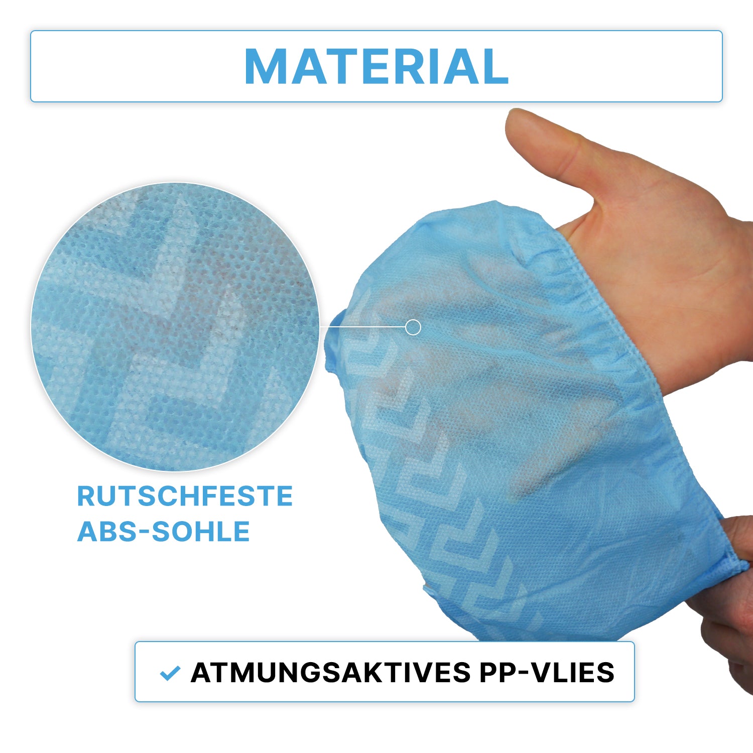 A hand is holding an ARNOMED ABS shoe cover, disposable (ARNOWA GmbH). An enlarged circle shows the non-slip textured sole. Text: "Non-slip ABS sole" and "Breathable PP nonwoven fabric." Package contains 100 pieces.