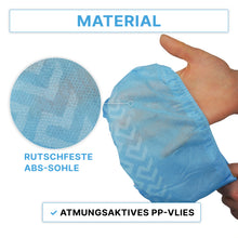 A hand holds an ARNOMED ABS shoe cover, disposable (ARNOWA GmbH). An enlarged circle shows the non-slip textured sole. Text: "Non-slip ABS sole" and "Breathable PP fleece". Package contains 100 pieces.