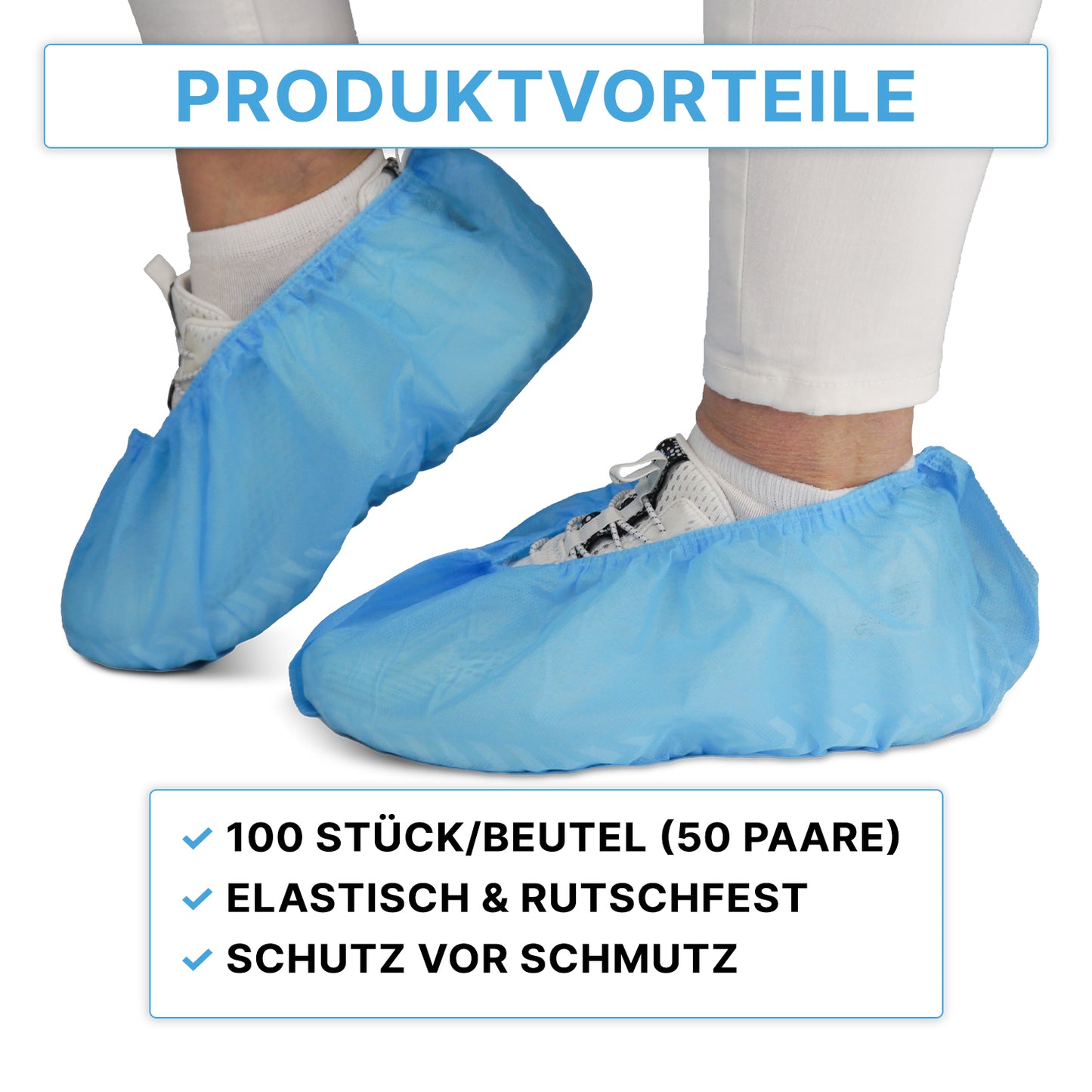 Two feet are wearing blue ARNOMED ABS shoe covers from ARNOWA GmbH over white shoes. The text highlights the benefits: 100% disposable, slip-resistant, elastic, and protection against dirt.
