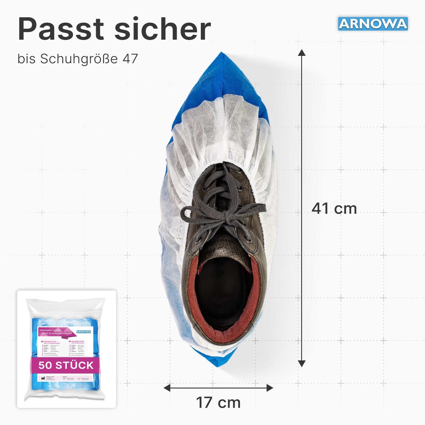A black shoe is covered by an ARNOMED CPE/PP shoe cover (ARNOWA GmbH), waterproof, white-blue, 41x17 cm, for sizes up to 47. The inset shows a bag "50 pieces".