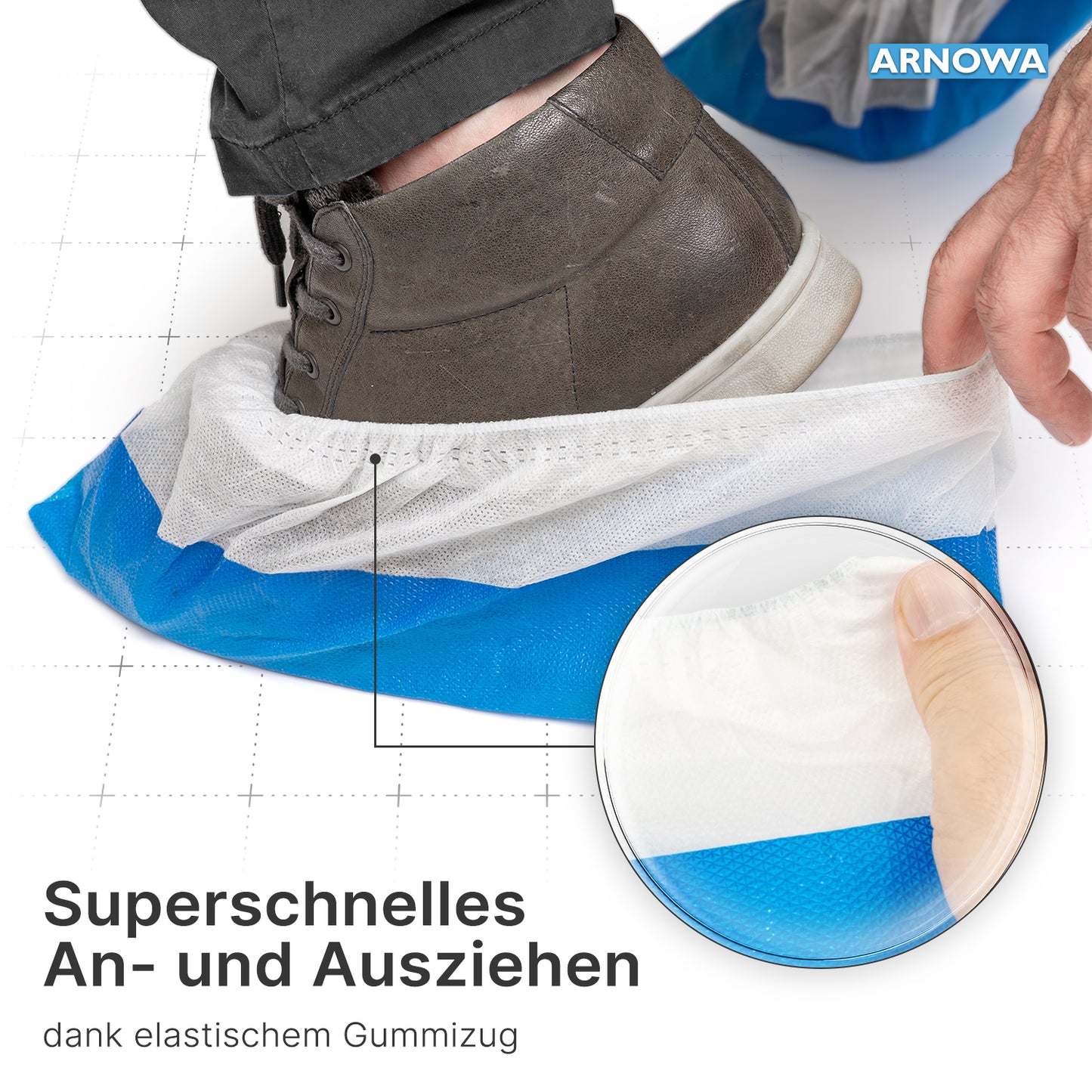 A person puts on a blue-white ARNOMED CPE/PP shoe cover, waterproof, disposable (ARNOWA GmbH) over a brown shoe. An inset shows the elastic band for easy putting on and taking off, as described in the German text. Bag contains 50 pieces.