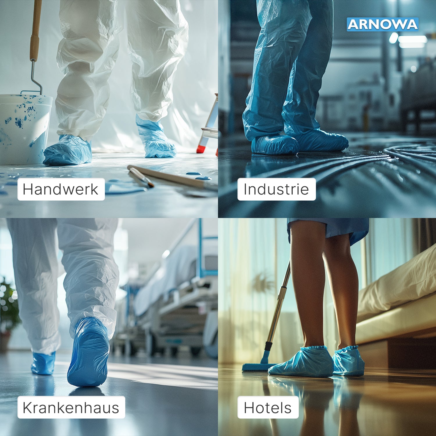 Four photos show people using ARNOMED CPE/PP disposable shoe covers from ARNOWA GmbH in the areas of "crafts", "industry", "hospital" and "hotels" - demonstrating waterproof protection in many areas of application.
