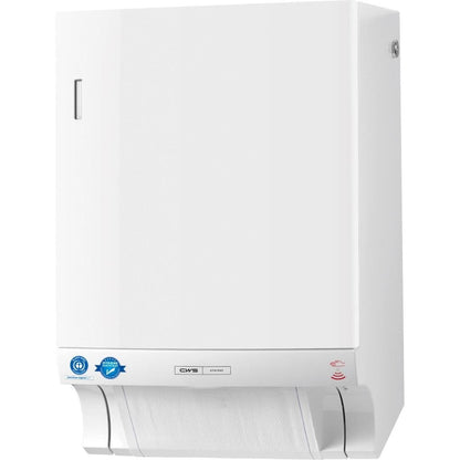 The CWS ParadiseLine fabric towel dispenser Dry Slim Non-Touch (white, 1 piece) is a wall dispenser for hygienic towel dispensing with a visible mounting plate and certification sticker on the lower left front panel.