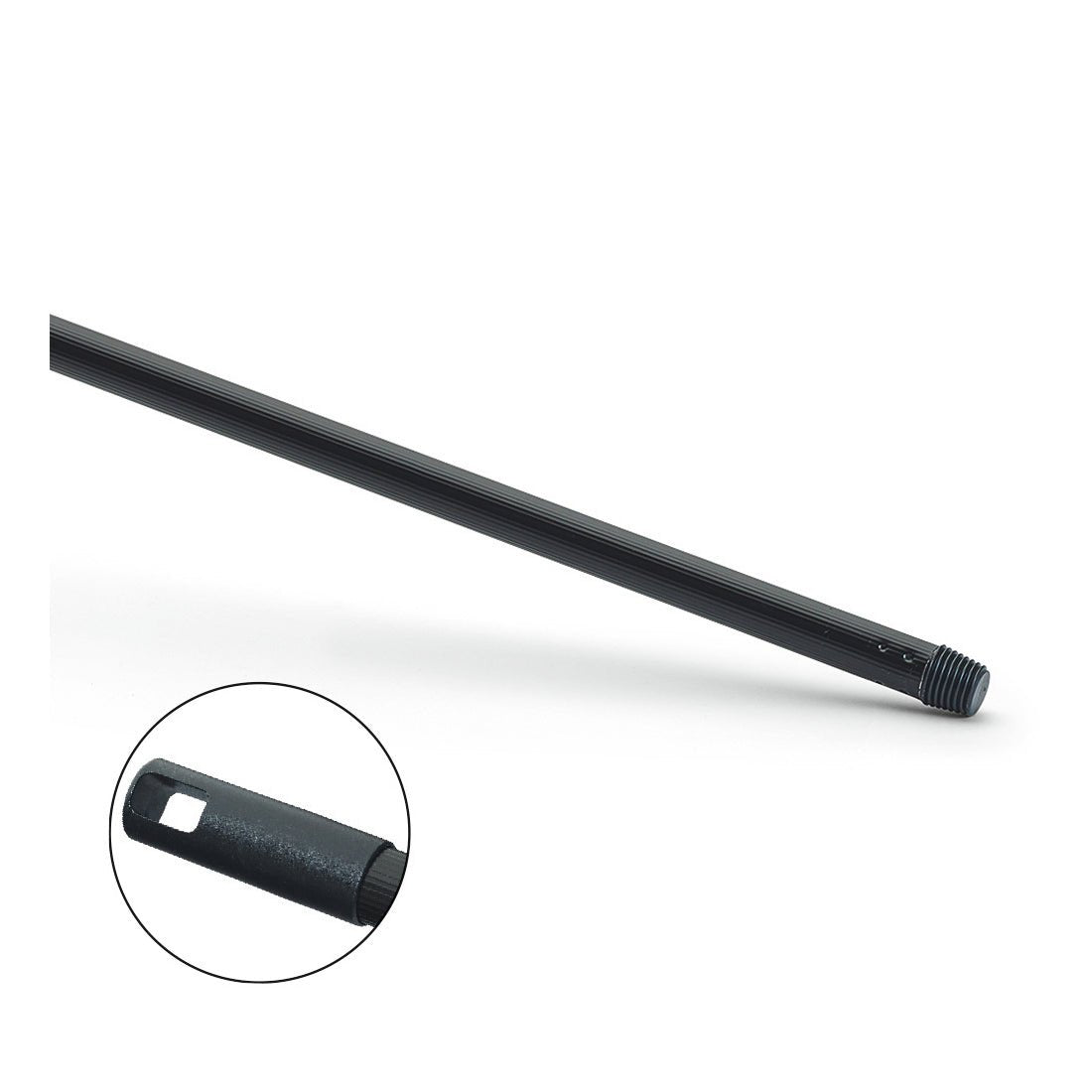 The black, ribbed Nölle Profi Brush metal handle coated with plastic with a thread from Nölle Profi Brush Brush & Paintbrush Technology e.K. features a thread and a rectangular recess near the tip, shown with a close-up of details.