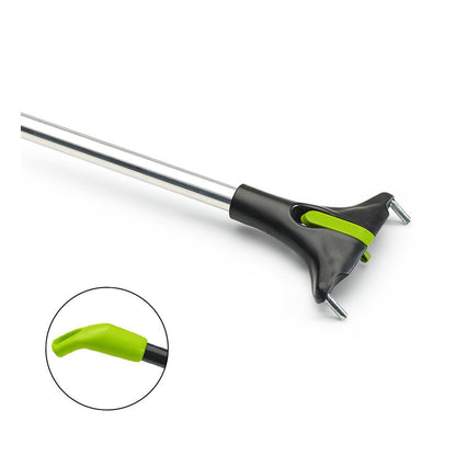 A close-up of the Nölle Profi Brush BECOnnect aluminum handle by Nölle Profi Brush Bürsten- & Pinseltechnik e.K. with a silver handle and a black, claw-like end with green accents, shown with an inset highlighting the green handle.
