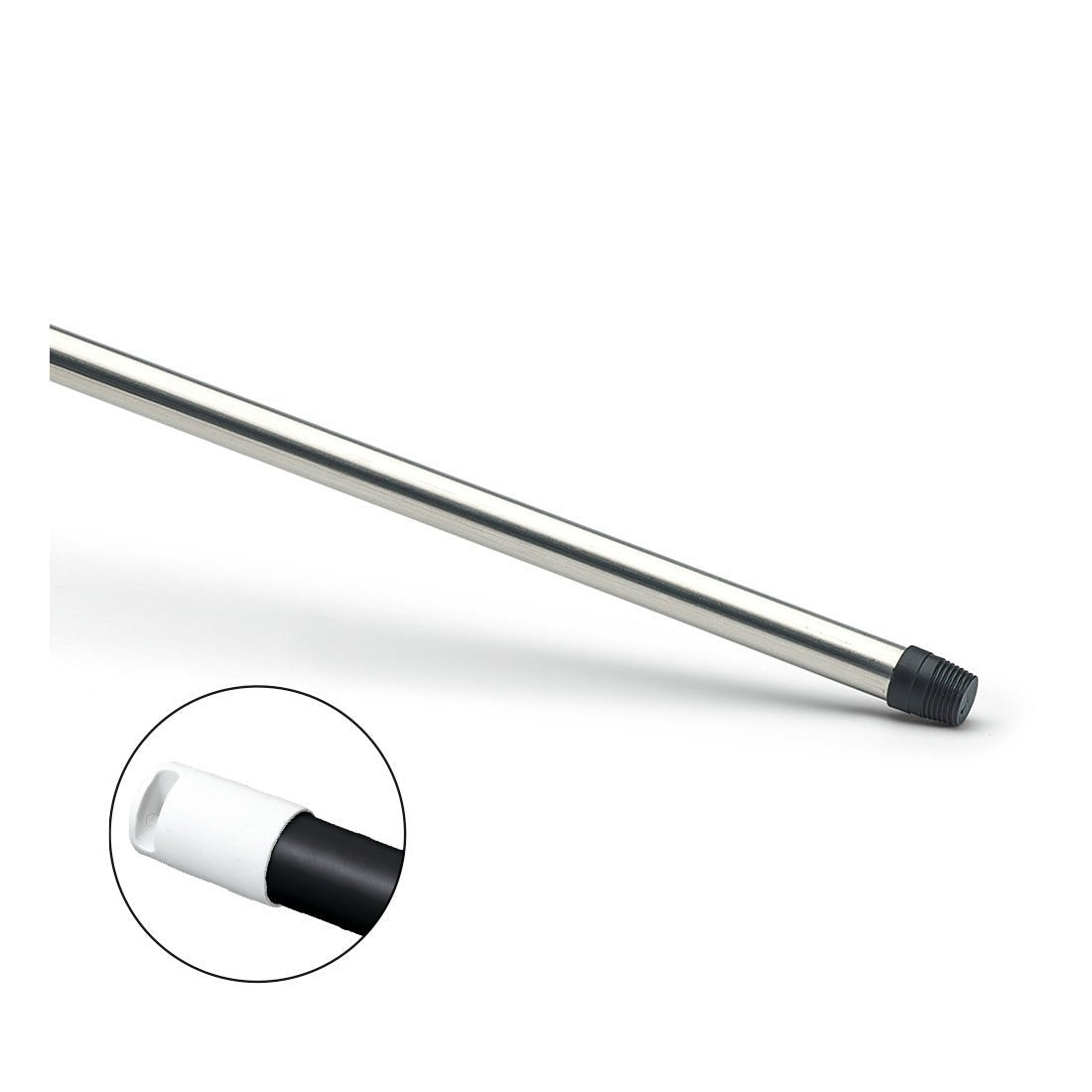 The Nölle Profi Brush aluminum handle 140 cm, partially coated with thread (1 piece) by Nölle Profi Brush Bürsten- & Pinseltechnik e.K. is depicted at an angle on a white background, with an inset circle showing a close-up of the threaded end.